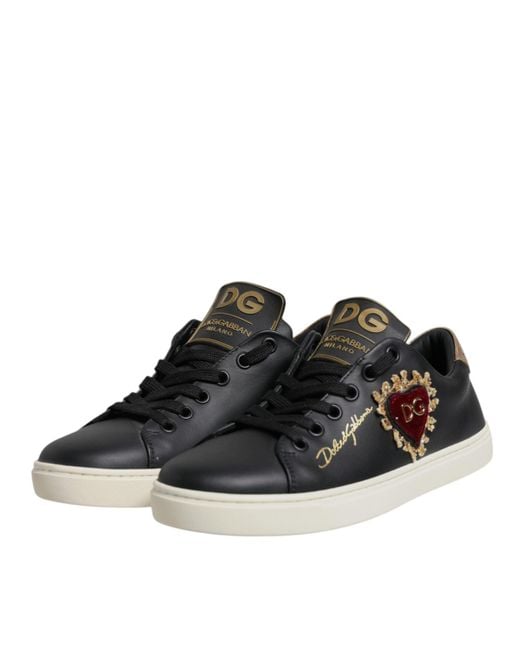 Dolce & Gabbana Black Leather Heart Sneakers Shoes