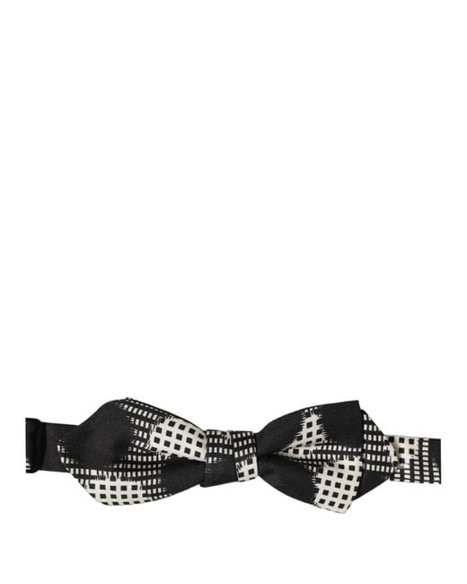 Dolce & Gabbana Black White Checkered Adjustable Neck Papillon Bow Tie for men