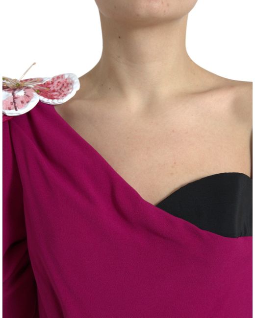 Dolce & Gabbana Red Purple Flower Embellished One Shoulder Dress