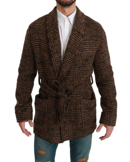 Dolce & Gabbana Brown Checkered Wool Robe Coat Wrap Jacket for men