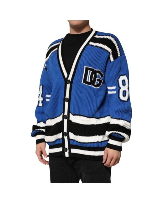 Dolce & Gabbana Black Blue Cotton Logo Patch Ribbed Knit Cardigan Sweater for men