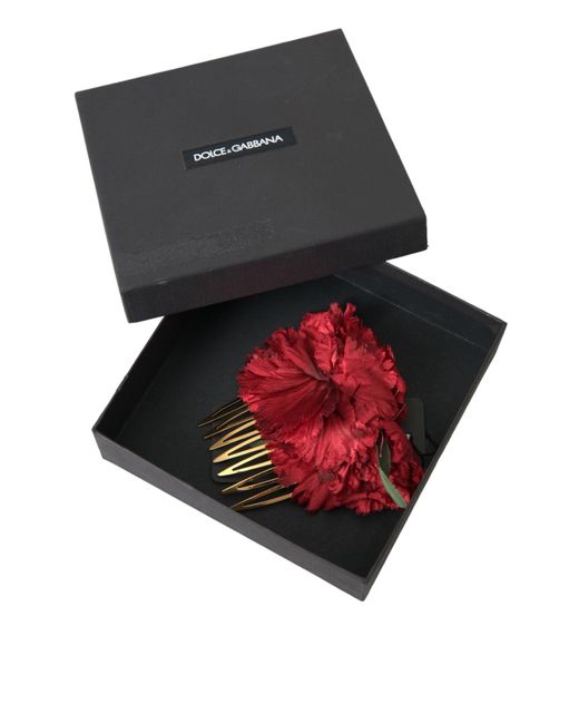 Dolce & Gabbana Red Silk Floral Brass Hair Comb