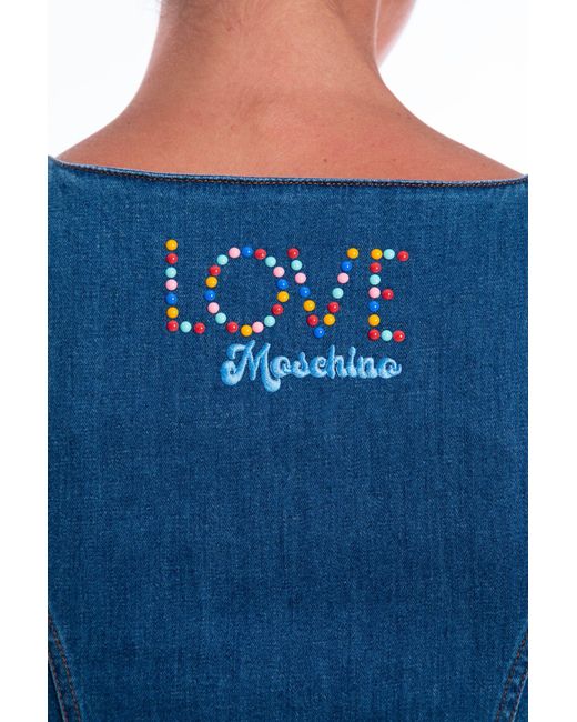 Love Moschino Blue Chic Sleeveles Denim Dres With Beaded Logo