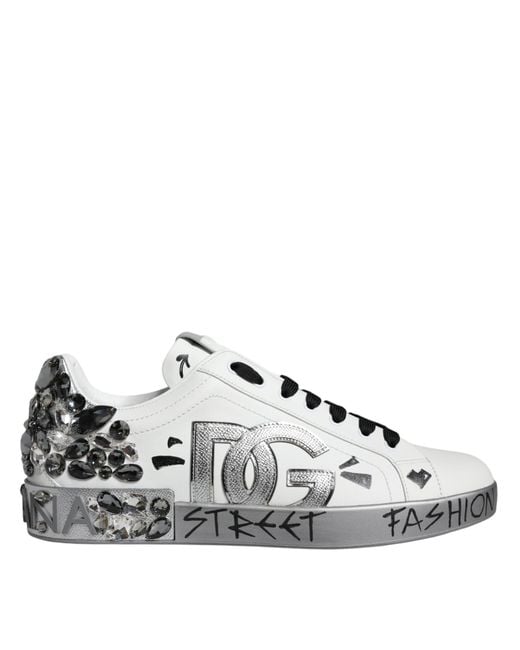 Dolce & Gabbana White Crystal Logo Portofino Sneakers Shoes for men