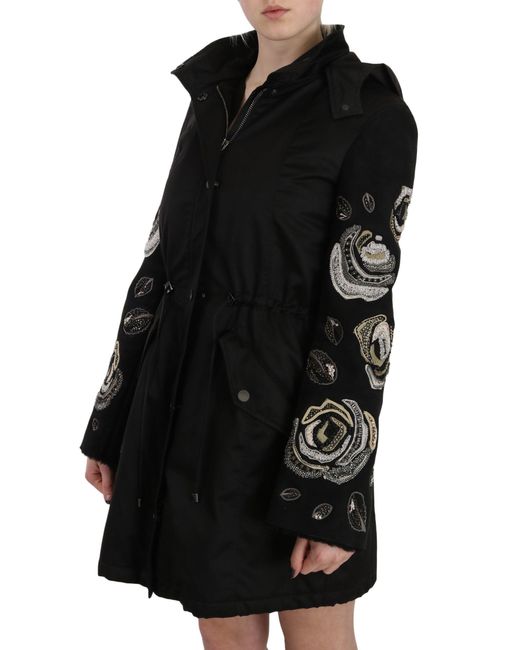 John Richmond Floral Sequined Beaded Hooded Coat Black Jkt2341
