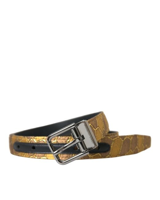 Dolce & Gabbana Brown Leather Jacquard Metal Buckle Belt for men