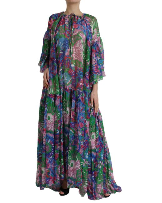 Dolce & Gabbana Blue Floral Silk Kaftan Maxi Dress