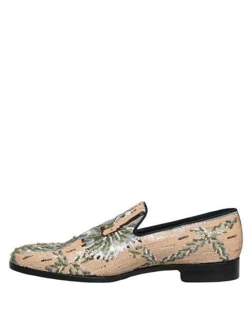 Dolce & Gabbana White Beige Sequin Embroidery Dress Loafers Shoes for men