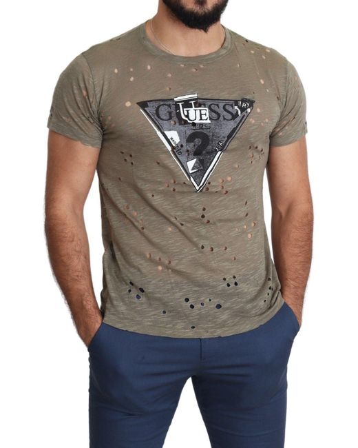 Guess Gray Cotton Stretch Logo Print Casual Perforated T-Shirt for men
