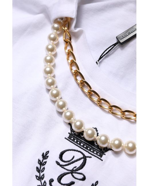 Dolce & Gabbana White Chain Pearl Cotton Round Neck T for men