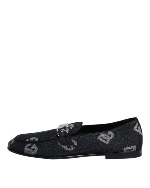 Dolce & Gabbana Black Blue Logo Cotton Loafers Formal Dress Shoes for men