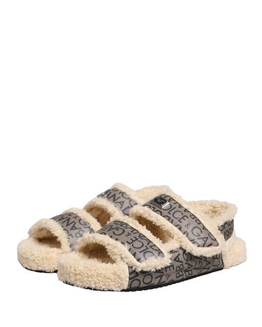 Dolce & Gabbana Natural Beige Faux Fur Logo Print Flats Sandals Shoes for men