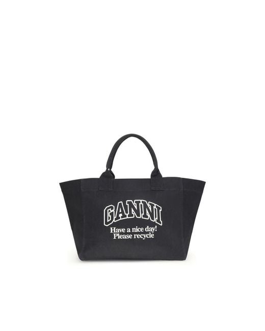 Ganni Black Shopper Xxl Contrasted Logo Pocket
