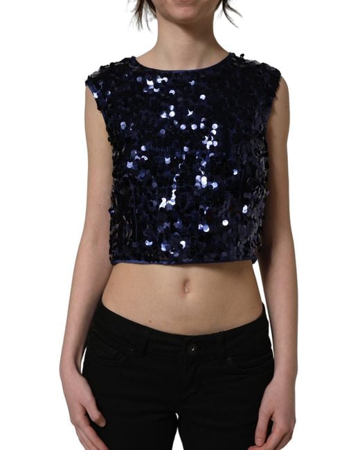 Dolce & Gabbana Blue Sequined Sleeveless Cropped Tank Top Nylon