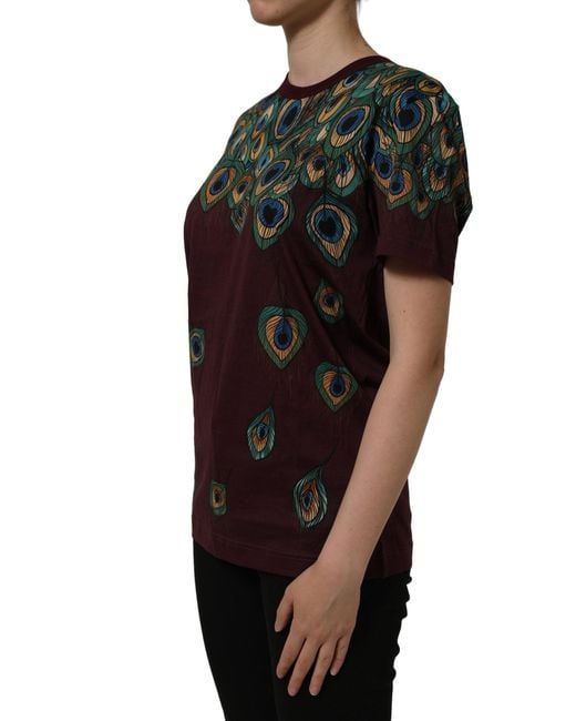 Dolce & Gabbana Blue Burgundy Peacock Feather Round Neck T