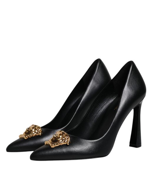 Versace Black Leather Logo Plaque High Heels Pumps Shoes