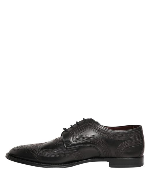 Dolce & Gabbana Brown Black Embroidered Leather Derby Dress Shoes for men