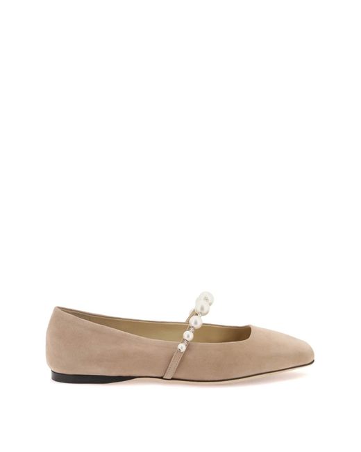 Jimmy Choo White Suede Leather Ballerina Flats With Pearl