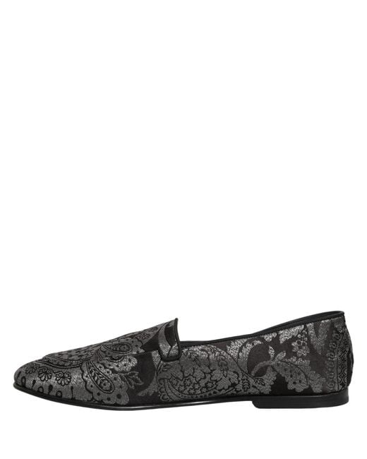 Dolce & Gabbana Black Silver Jacquard Leather Slip On Loafers Shoes for men