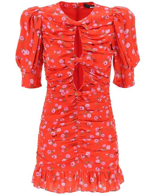 ROTATE BIRGER CHRISTENSEN Red Floral Printed Satin Mini Dress With Ruching