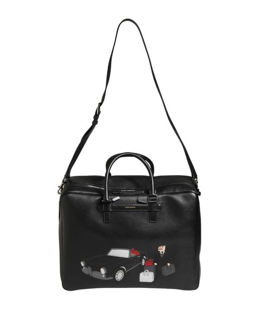 Dolce & Gabbana Black Car Man Applique Leather Weekender Borse Bag for men