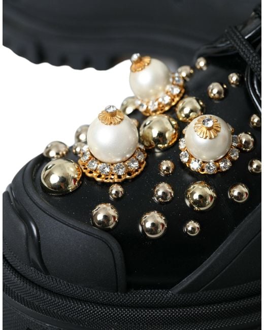 Dolce & Gabbana Black Leather Trekking Derby Embellished Shoes