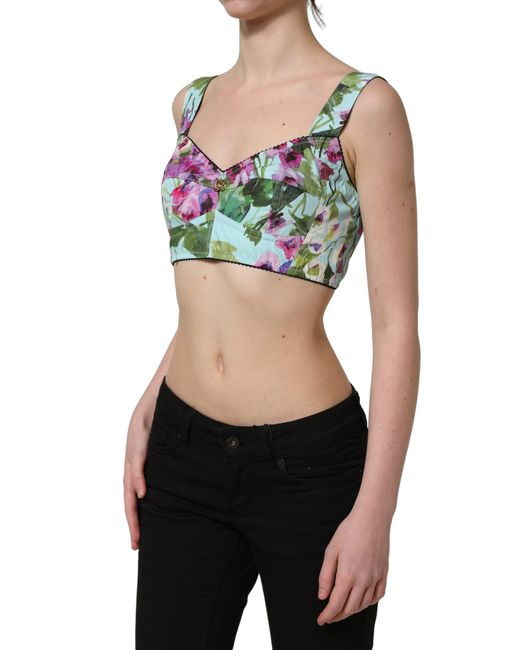 Dolce & Gabbana Green Floral Cropped Bustier Tank Top Elastane Nylon Cotton