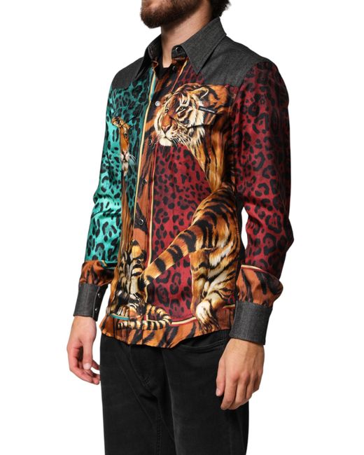 Dolce & Gabbana Red Tiger Leopard Print Silk Shirt Co+02+Se for men