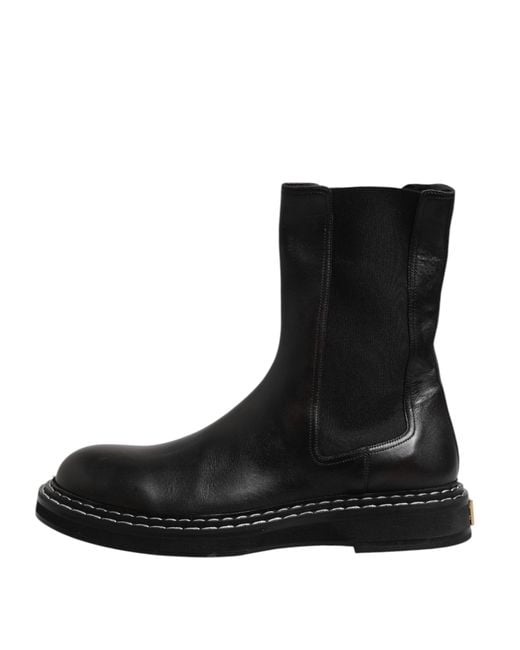 Dolce & Gabbana Black Leather Mid Calf Boots Flats Shoes for men
