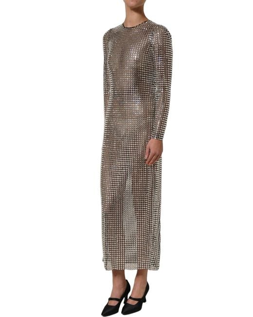 Dolce & Gabbana Gray Beige Crystal Embellished Long Gown Dress