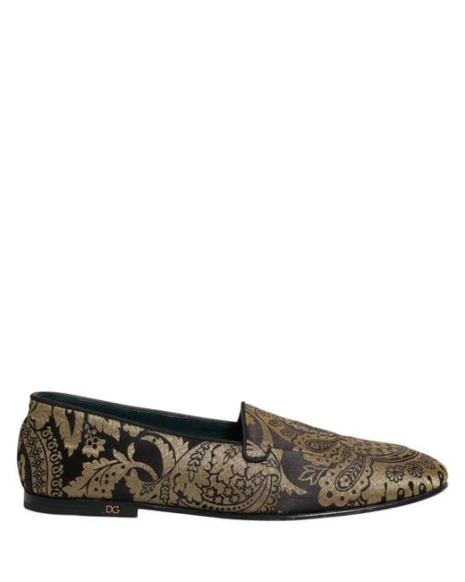 Dolce & Gabbana Gray Gold Jacquard Leather Slip On Loafers Shoes for men