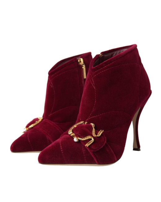 Dolce & Gabbana Red Dark Velvet Devotion Buckle Boots Shoes