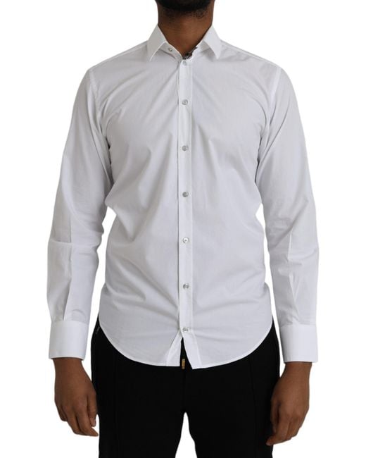 Dolce & Gabbana Gray White Cotton Long Sleeve Dress Martini Shirt for men