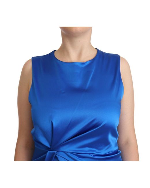 P.A.R.O.S.H. Blue Acetate Sleeveless Pleated Midi Sheath Dress
