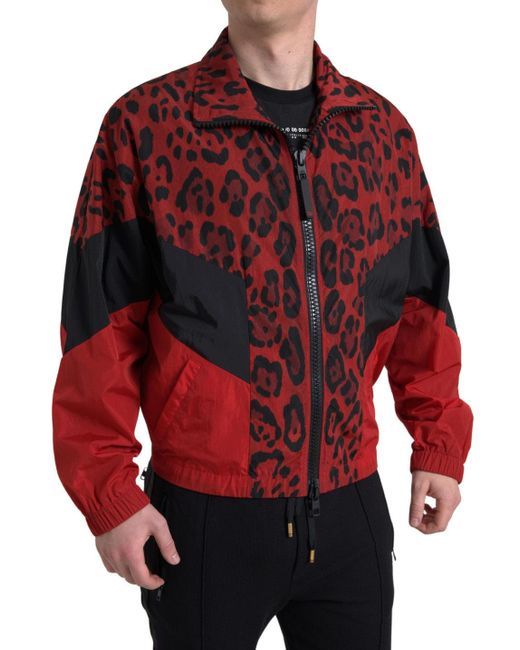 Dolce & Gabbana Red Leopard Nylon Full Zip Sweater for men