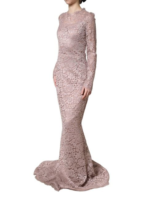 Dolce & Gabbana Brown Pink Lace Long Sleeves Evening Gown Dress