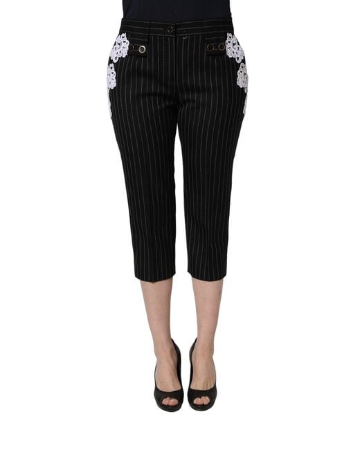 Dolce & Gabbana Black Lace Applique Pinstripe Cropped Pants