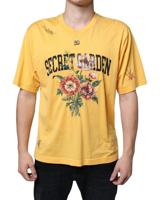 Dolce & Gabbana Yellow Secret Graden Floral Cotton Crew Neck T-Shirt for men