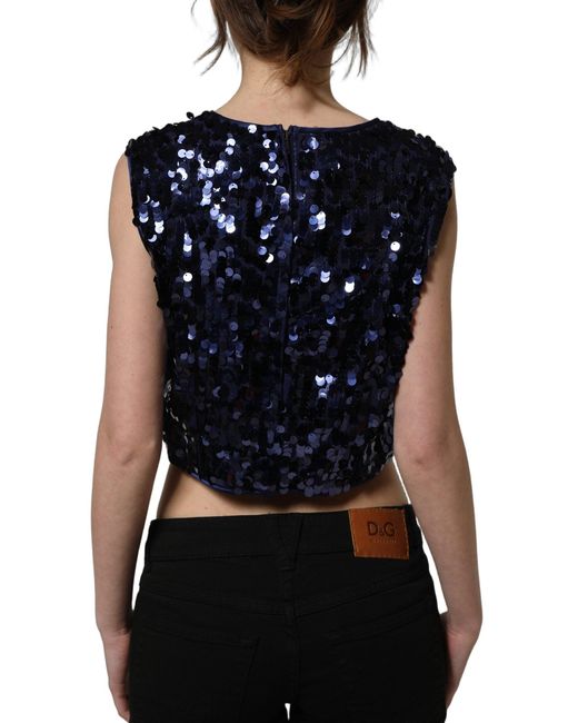 Dolce & Gabbana Blue Sequined Sleeveless Cropped Tank Top Nylon