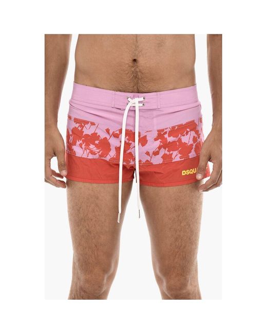 DSquared² Red Logoed Swim Short With Floral Motif for men