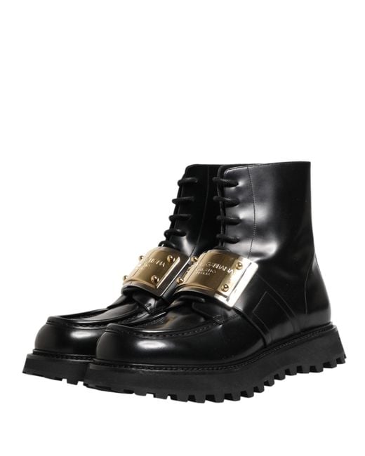 Dolce & Gabbana Black Leather Dg Plaque Lace Up Boots Shoes for men