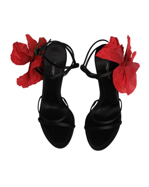 Dolce & Gabbana White Black Leather Strappy Flower Heels Sandals Shoes