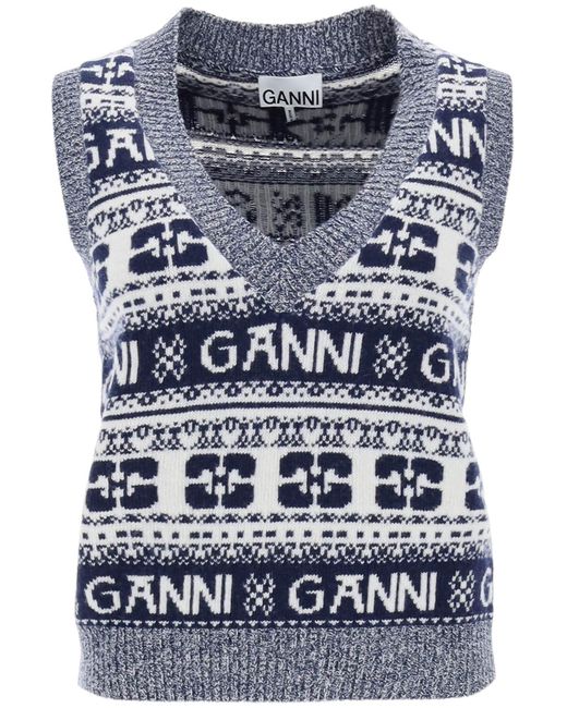 Ganni Blue Jacquard Wool Vest With Logo Pattern