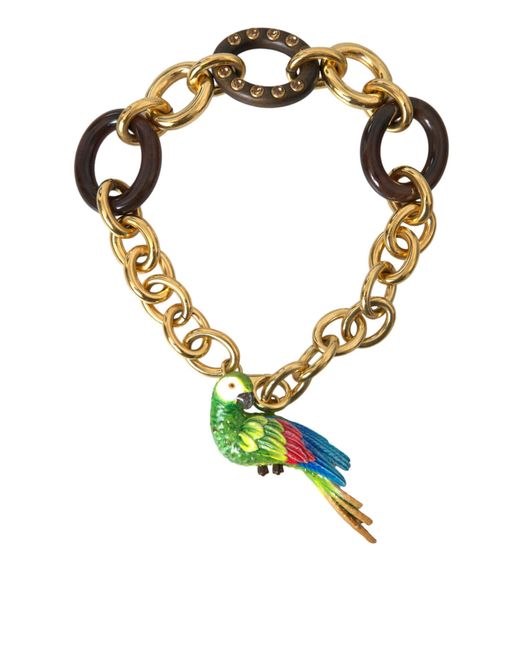 Dolce & Gabbana Metallic Brass Chain Crystal Pearl Parrot Pendant Necklace