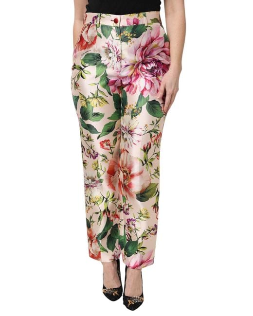 Dolce & Gabbana Green Floral Print Silk Trousers