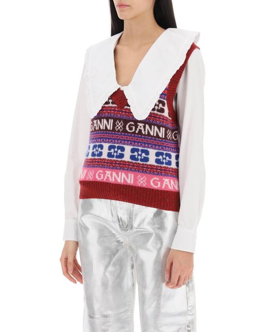 Ganni Multicolor Jacquard Wool Vest With Logo Pattern