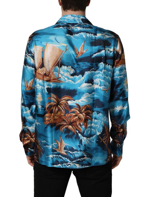 Dolce & Gabbana Blue Silk Twill Hawaiian Graphicprint Shirt for men