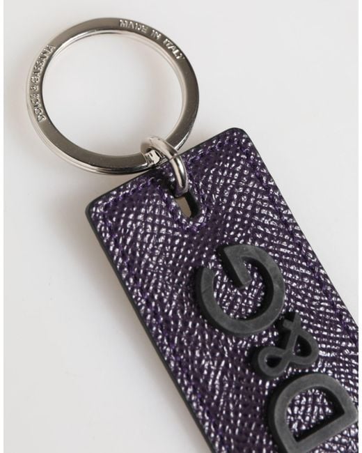 Dolce & Gabbana Blue Violet Leather Logo Metal Ring Men Keychain Keyring for men