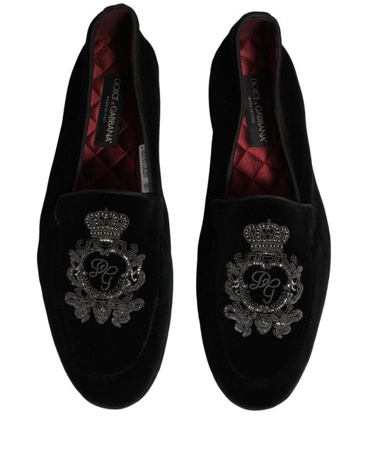 Dolce & Gabbana Black Velvet Crown Embroidery Loafers Shoes for men