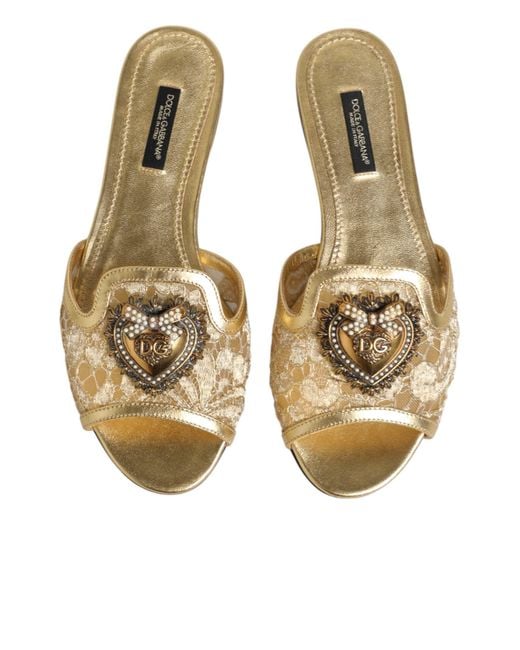 Dolce & Gabbana Metallic Gold Devotion Lace Flats Slip On Sandals Shoes